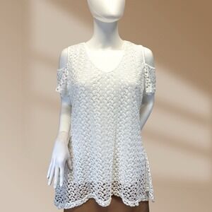 Shannon Ford Womens Cold Shoulder White Crochet Lace Shark Bite Hem Sz Large